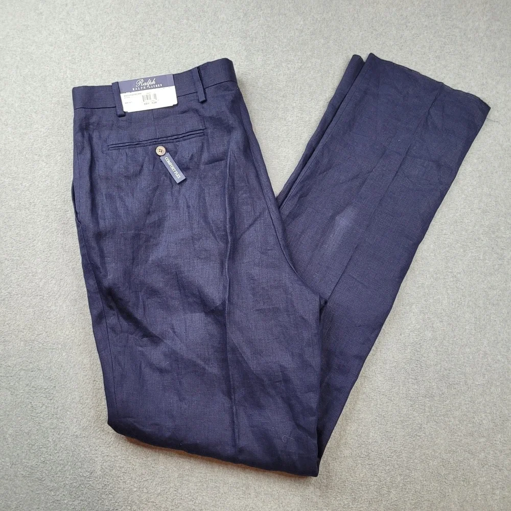 Ralph Ralph Lauren Eddie Dress Pants Mens 42x34 Navy Blue 100% Linen Big & Tall